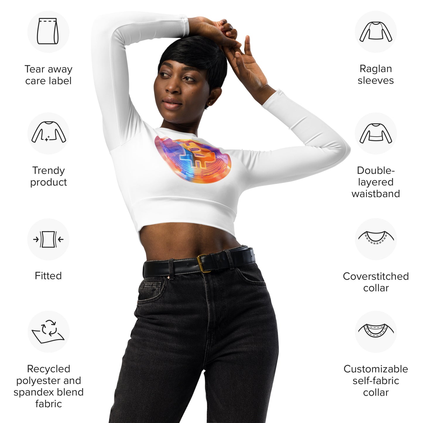 BITCOIN Eco-friendly long-sleeve crop top front+back images